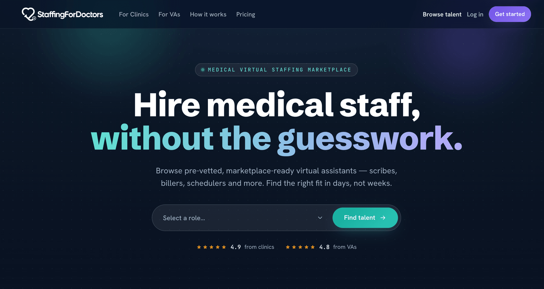 Staffing For Doctors Client Portal showing a marketplace of pre-vetted, HIPAA-trained virtual medical staff with role filters and candidate profiles
