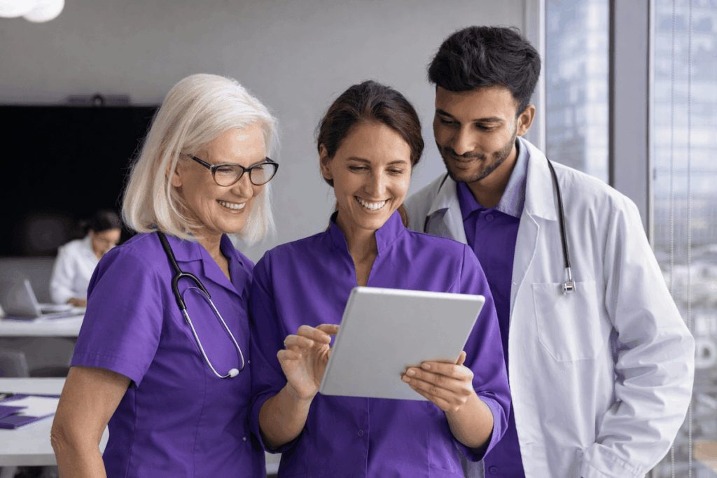 Dental virtual receptionist working at a computer with patient records