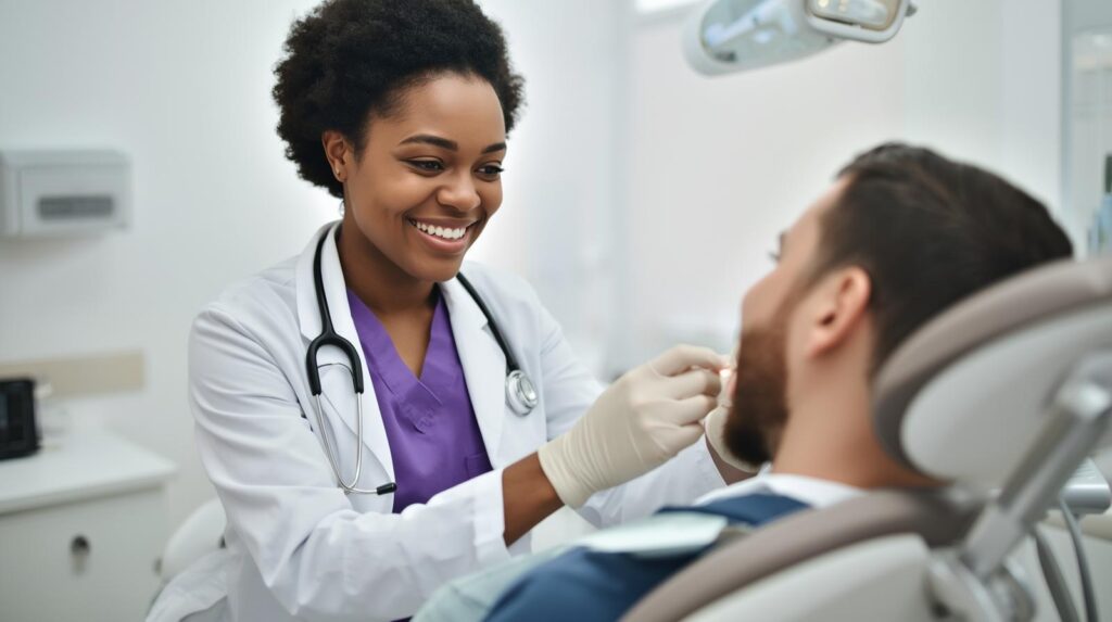 Virtual dental administrative assistant performing administrative tasks on a computer in a dental clinic