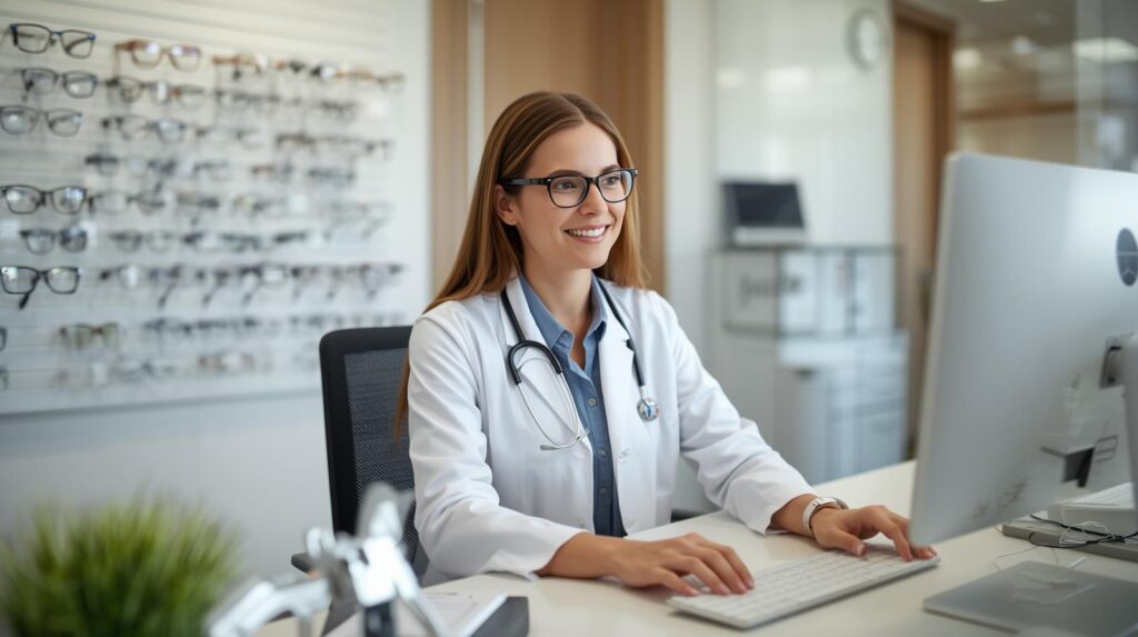 Optometry administrative assistant working remotely on practice systems