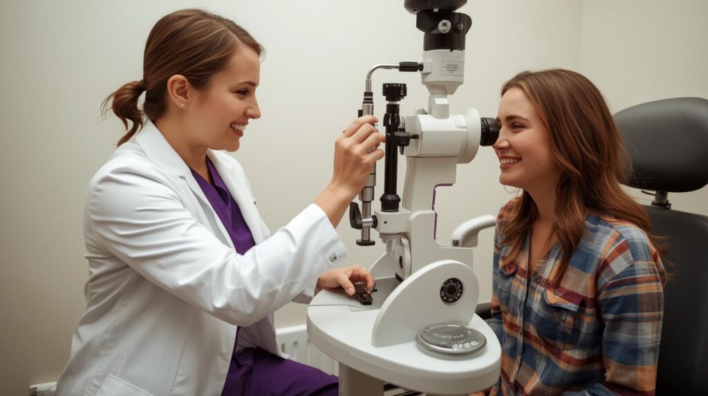 Optometry staff using digital systems to manage patient scheduling and front desk tasks