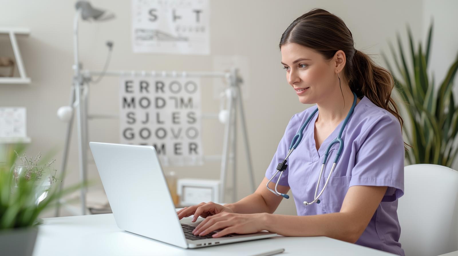 Remote optometry receptionist working on appointment scheduling and patient coordination