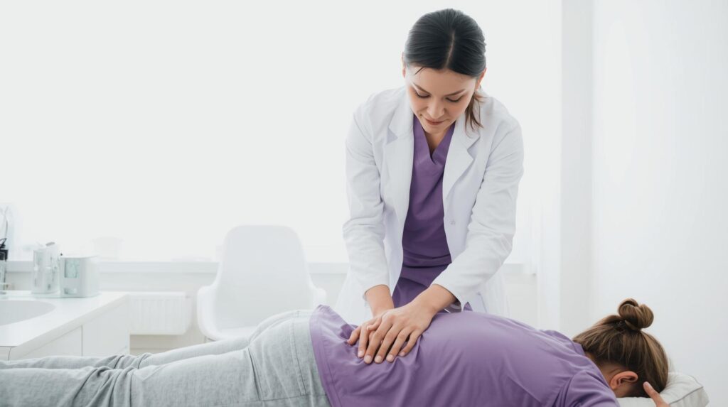Chiropractor providing a spinal adjustment in a bright medical office.