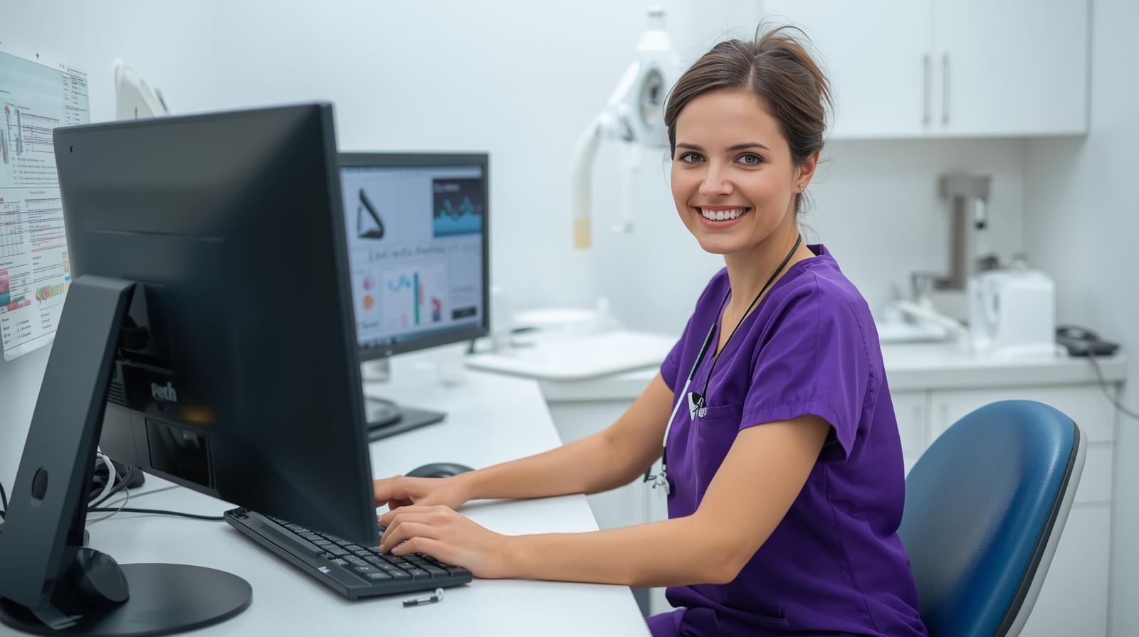 Virtual dental administrative assistant managing administrative tasks at a dental office workstation
