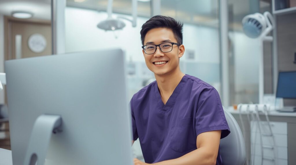 Virtual dental administrative assistant working at a computer inside a modern dental office