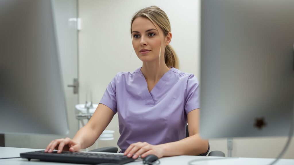 Virtual dental administrative assistant smiling while managing front desk tasks remotely