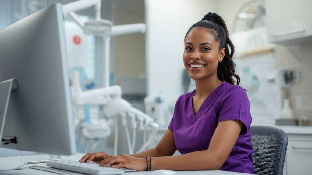 Virtual dental administrative assistant using dental software at a workstation
