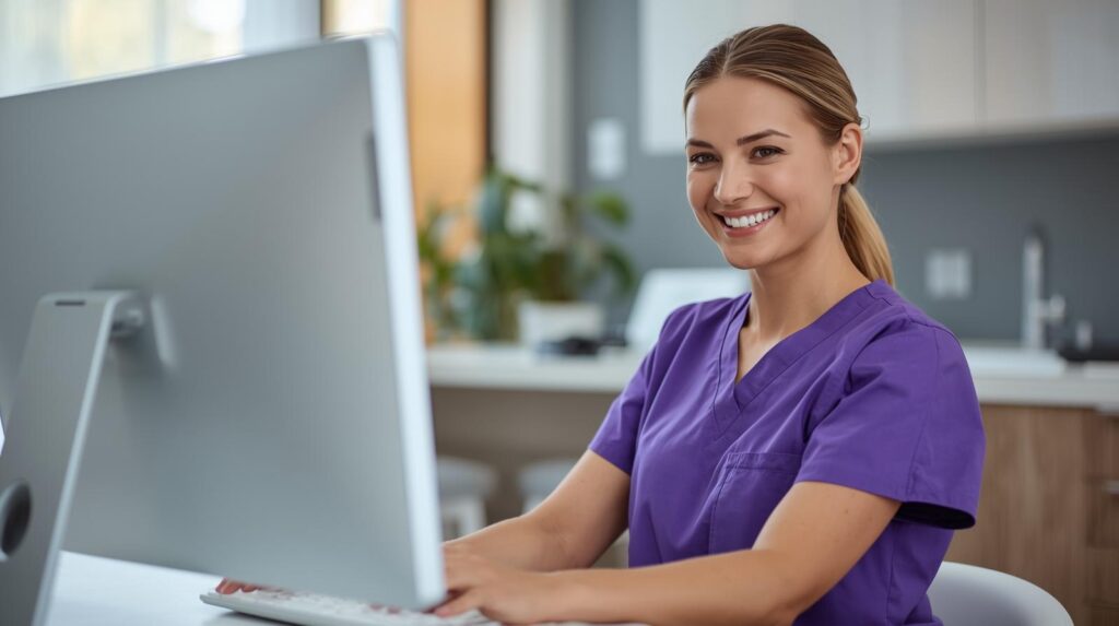 Virtual dental administrative assistant smiling while working at a computer in a dental office