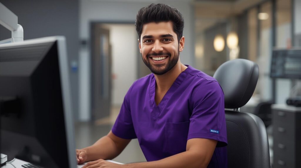 Virtual dental administrative assistant seated at a desk managing dental office systems