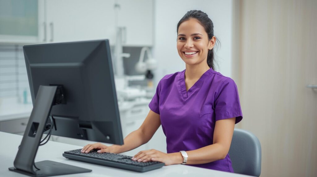Virtual dental administrative assistant handling digital administrative tasks in a dental clinic