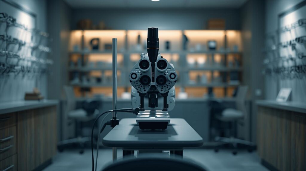 Modern optometry workspace supported by virtual sctibe staffing for optometry practices.