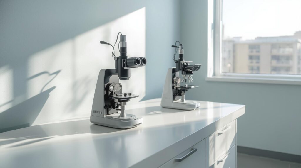 Optometry diagnostic equipment prepared for virtual sctibe staffing for optometry practices.