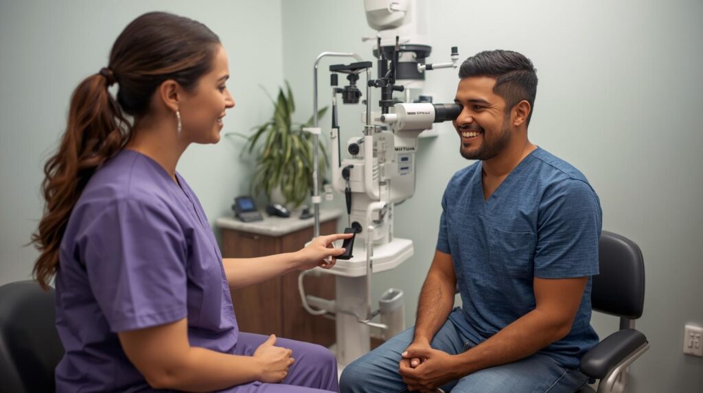 Optometry diagnostic equipment supported by virtual patient care staffing for optometry practices.