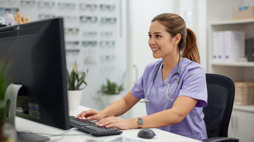 Optometry staff member documenting care with virtual sctibe staffing for optometry practices.