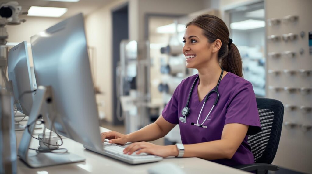 Optometry team member using EHR software with virtual sctibe staffing for optometry practices