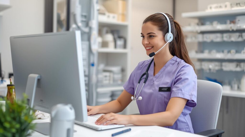 Remote optometry scribe using headset for virtual sctibe staffing for optometry practices.