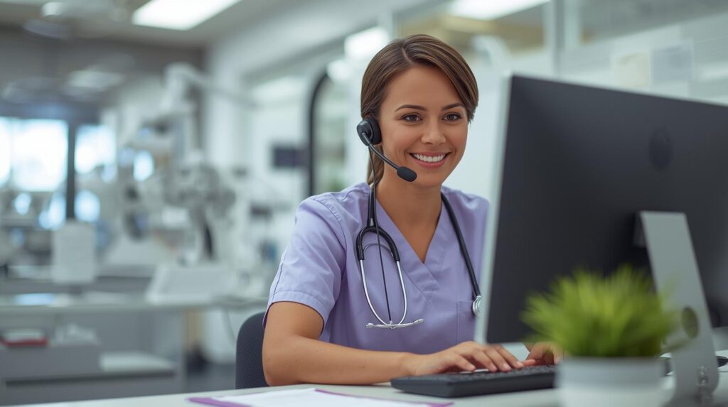 Optometry scribe support team member entering clinical notes for virtual sctibe staffing for optometry practices.