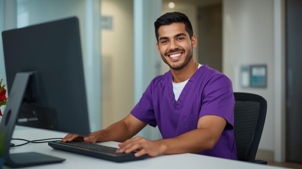 Virtual surgery scheduler smiling while handling patient scheduling tasks