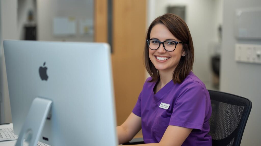 Virtual medical scheduling assistant reviewing surgery bookings on a desktop computer