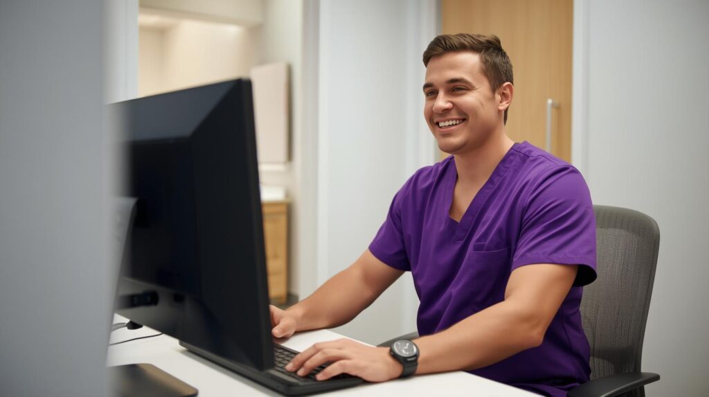 Medical surgery coordinator working remotely on scheduling software