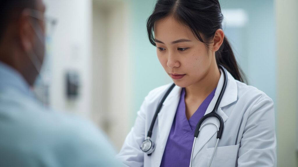 Clinician reviewing patient information while coordinating surgery scheduling steps