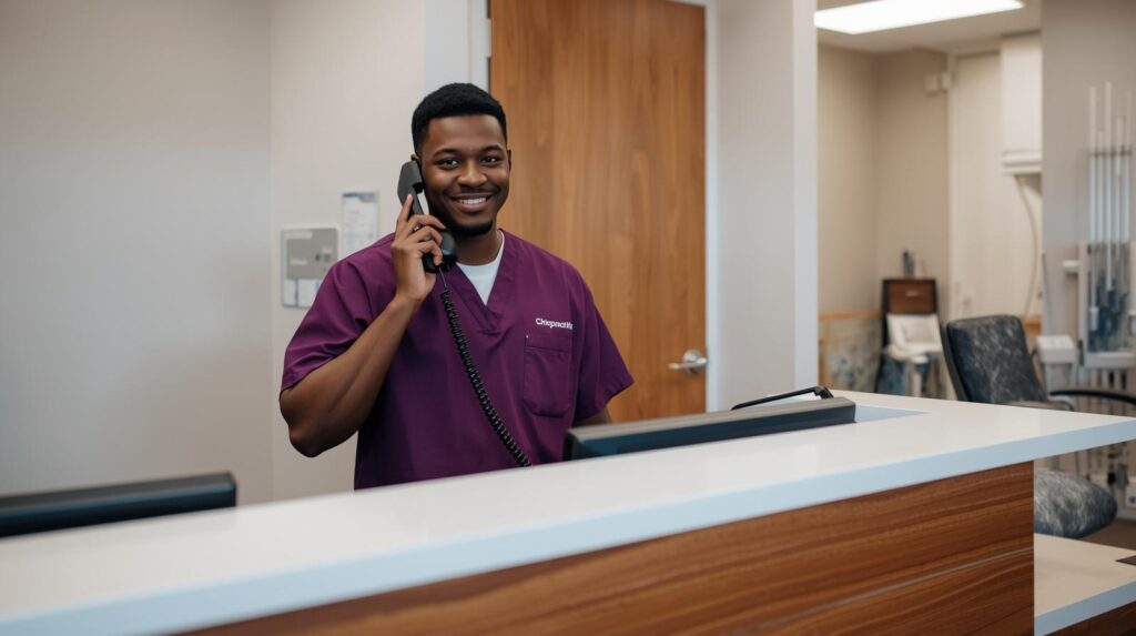Male front desk assistant in dark purple scrubs standing at a reception counter.