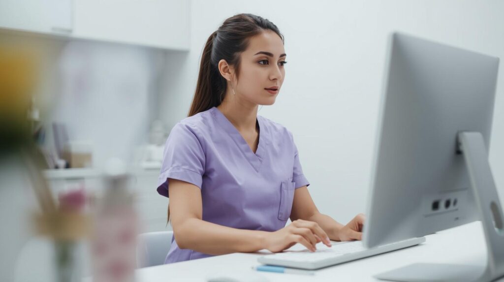 Virtual dental billing assistant working at a computer managing insurance claims and patient billing tasks.