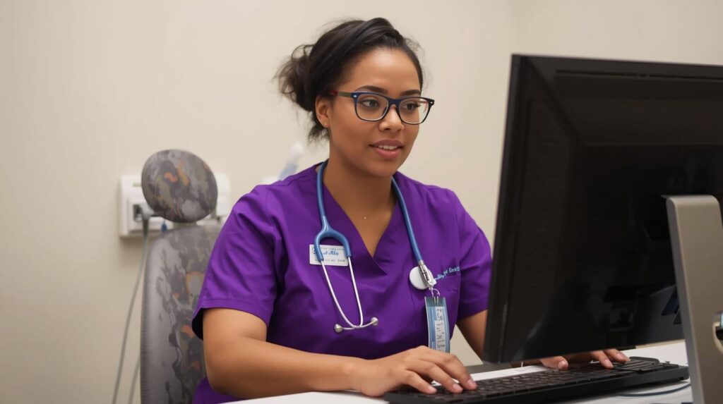 Virtual dental billing assistant reviewing patient insurance details on a computer.