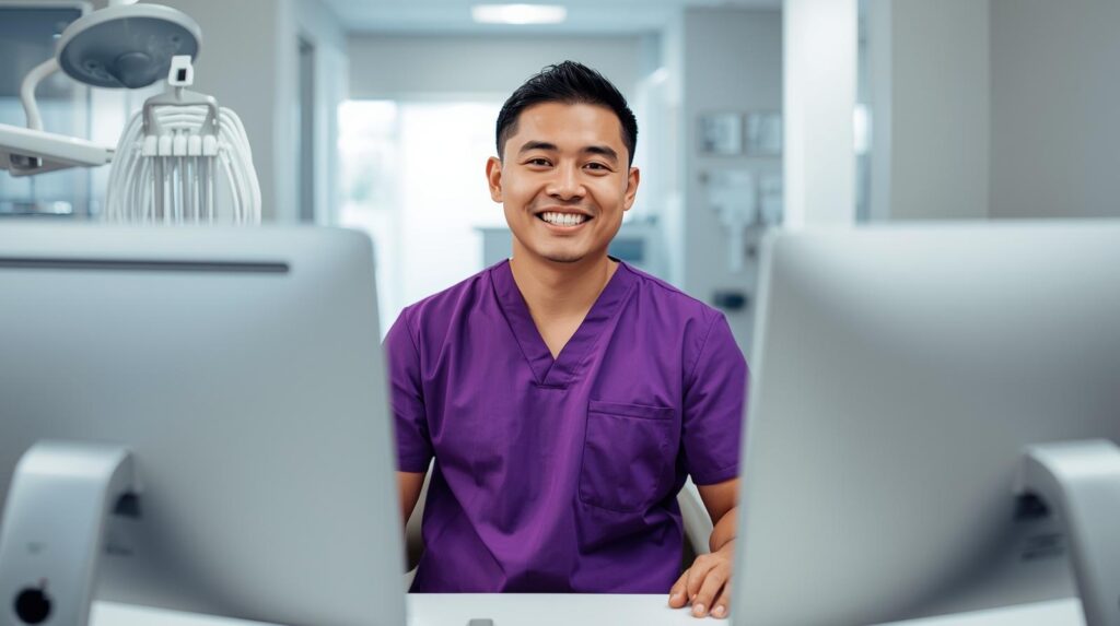 Virtual dental patient care coordinator assisting a patient during an in-office dental visit