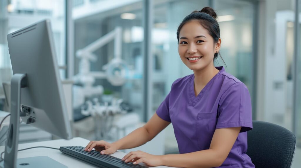 Virtual dental patient care assistant managing patient communication from a dental office workstation