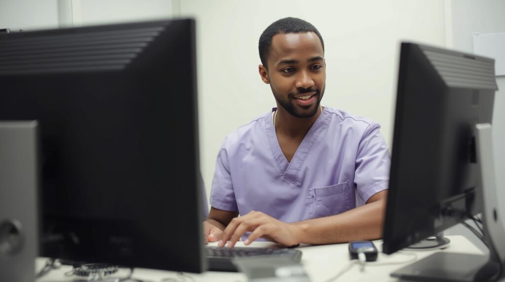 Virtual dental scribe reviewing patient information on computer