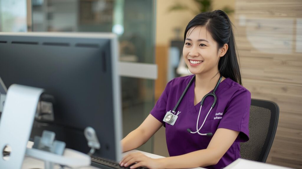 Virtual medical billing specialist working at a secure workstation