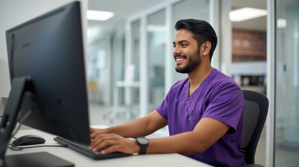 Virtual receptionist for medical offices working at a desk