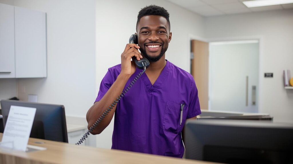 Virtual medical receptionist answering patient phone calls at the front desk