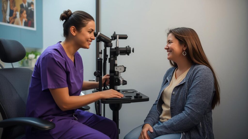Optometry assistant guiding a patient during an exam with virtual patient care staffing for optometry practices.