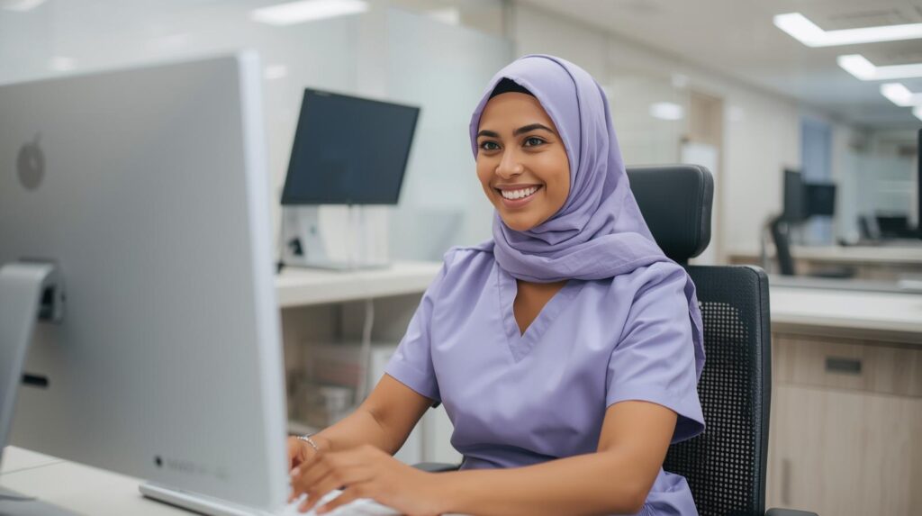 Virtual optometry care team member working remotely for virtual patient care staffing for optometry practices.