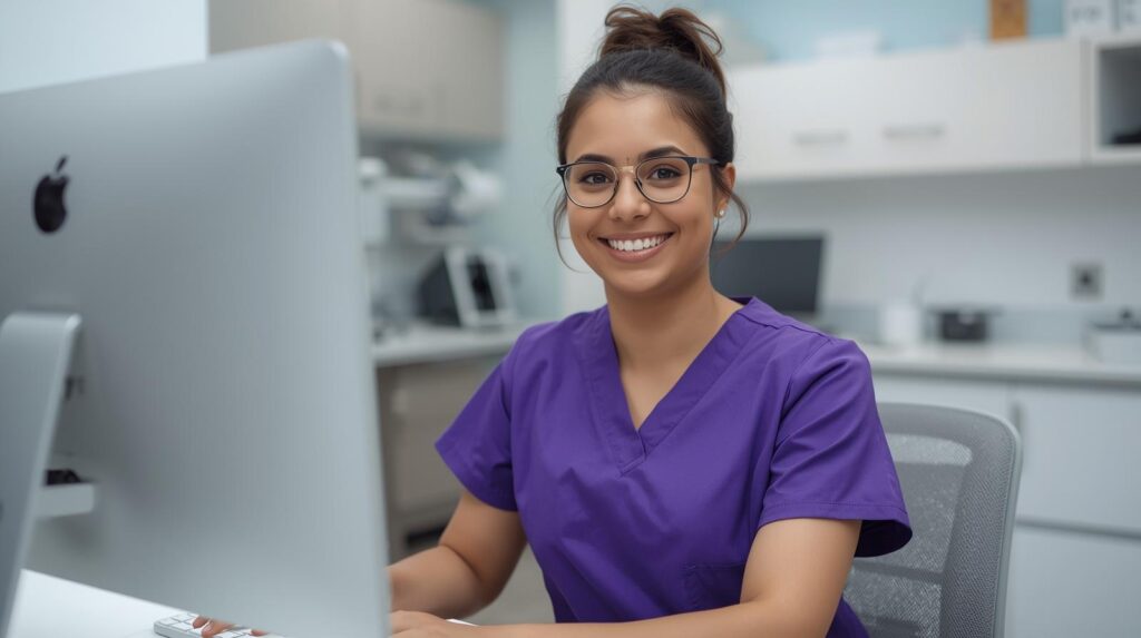 Optometry staff member at a computer supported by virtual patient care staffing for optometry practices.