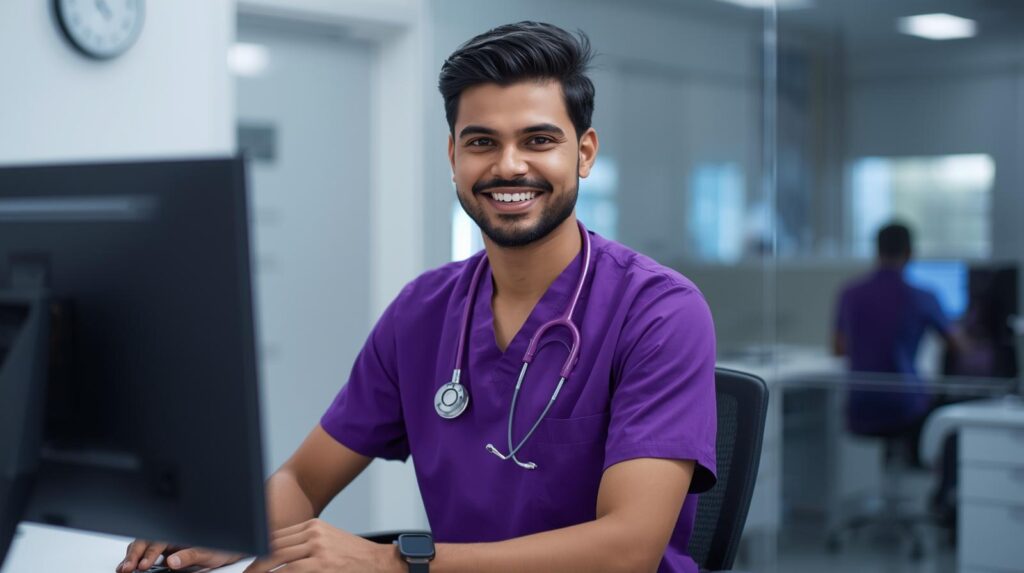 Virtual optometry care team member working at a desk for virtual patient care staffing for optometry practices.