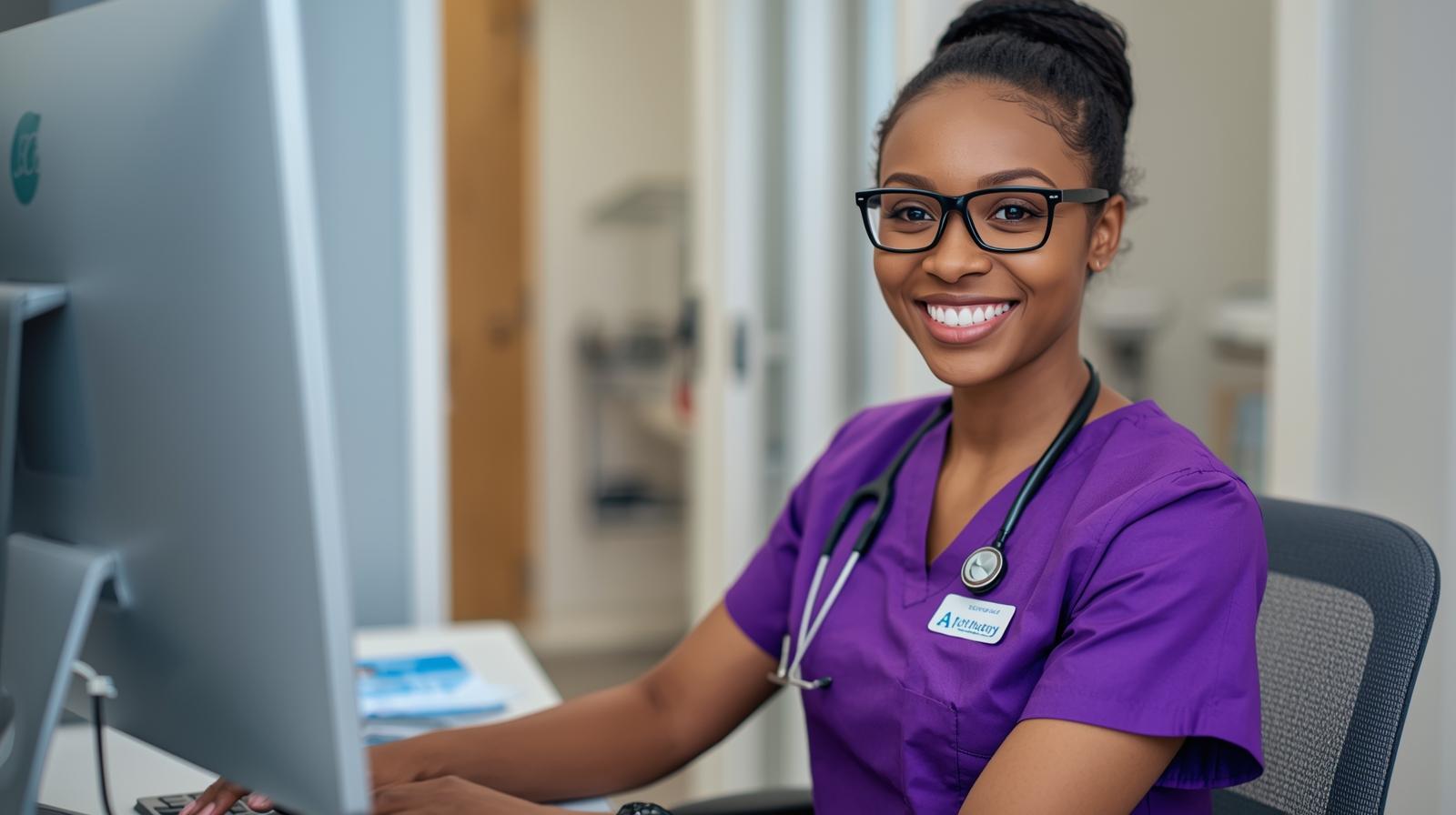 Optometry technician assisting a patient with an eye exam as part of virtual patient care staffing for optometry practices.