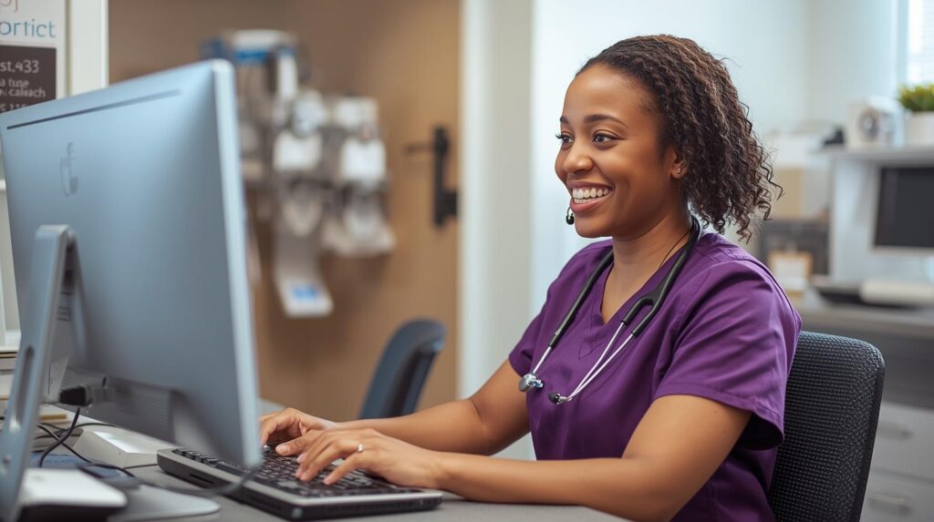 Remote optometry receptionist answering patient calls and coordinating care