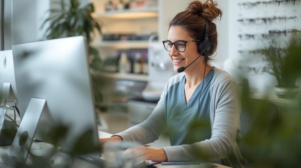 Remote optometry receptionist using a headset to manage patient scheduling and inquiries