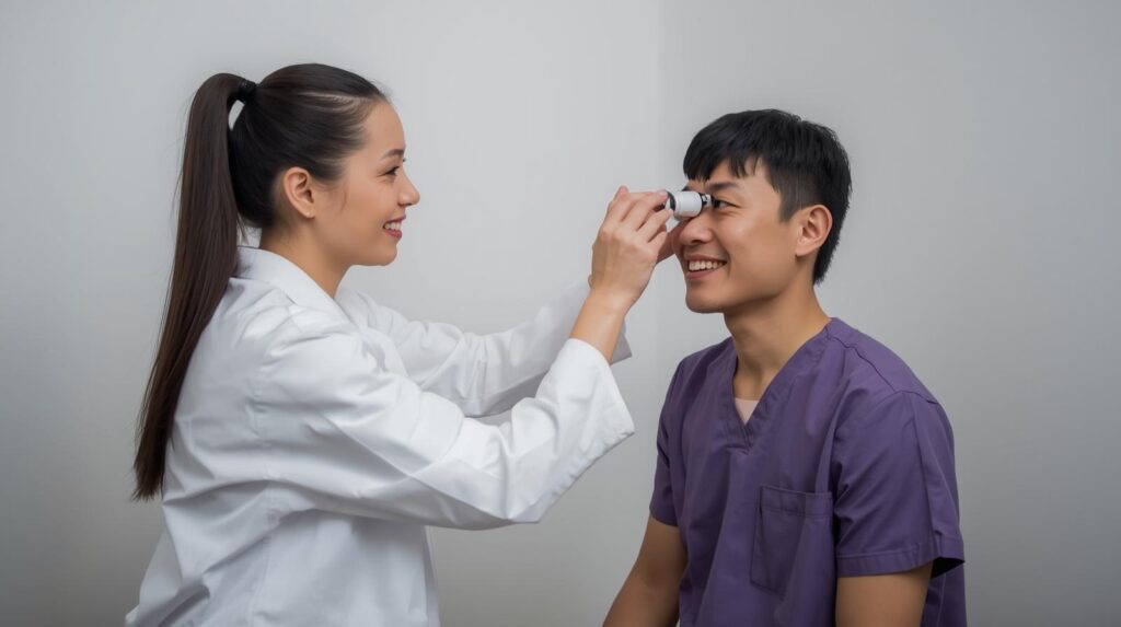 Optometry staff member performing patient intake and administrative tasks remotely