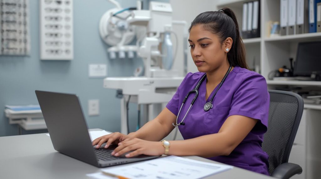 Virtual optometry receptionist working at a computer to support front desk operations