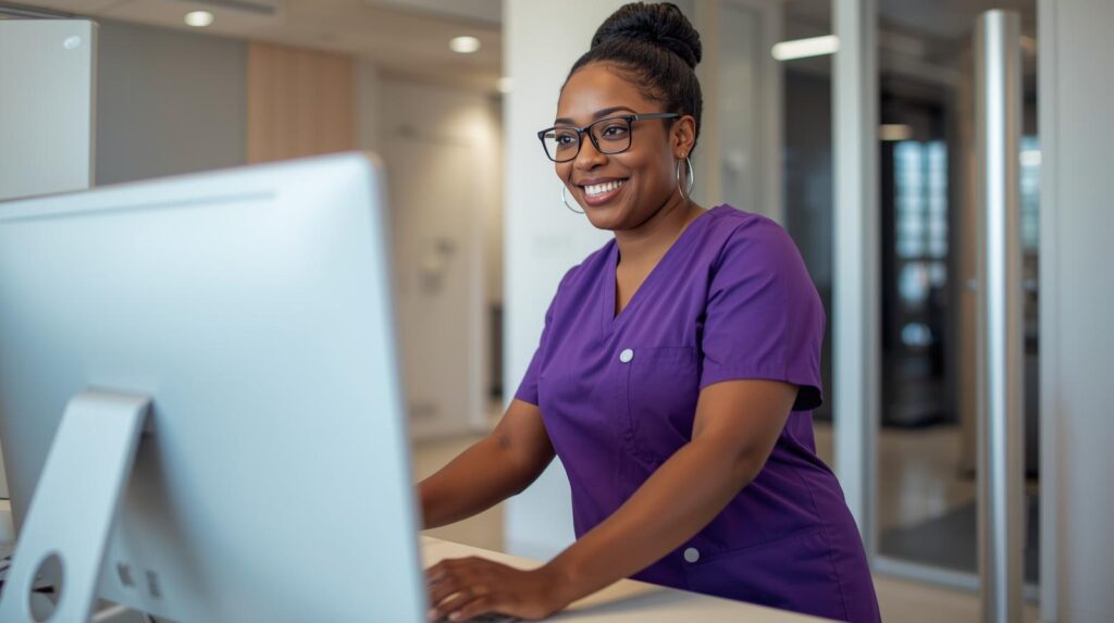 MRI and medical imaging virtual scheduling assistant working at a computer to manage scan schedules