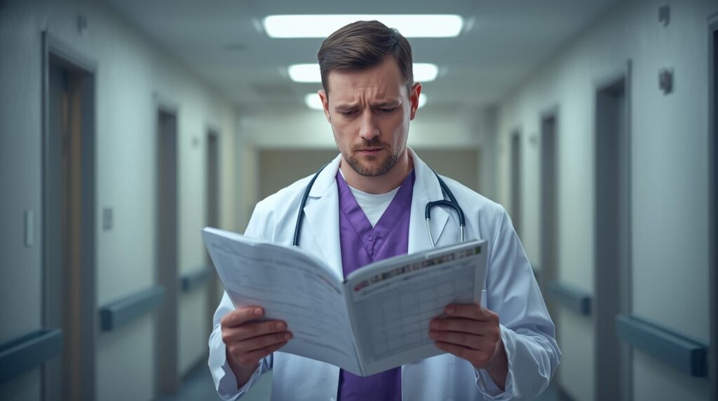 Doctor reviewing a document in a hospital hallway while verifying scheduling details