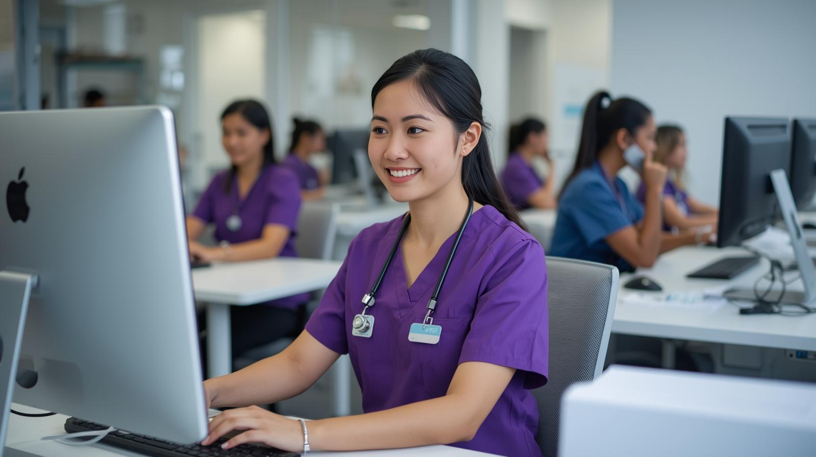 Virtual surgery scheduling assistant working at a computer in a medical office setting